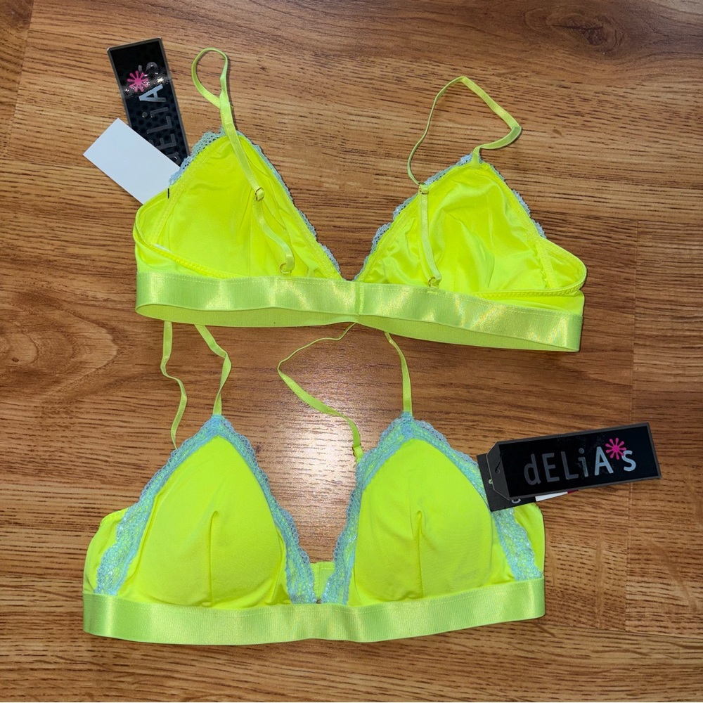 dELiA*s Neon Yellow/ Lime Green and Blue Lace Bralette Bundle M